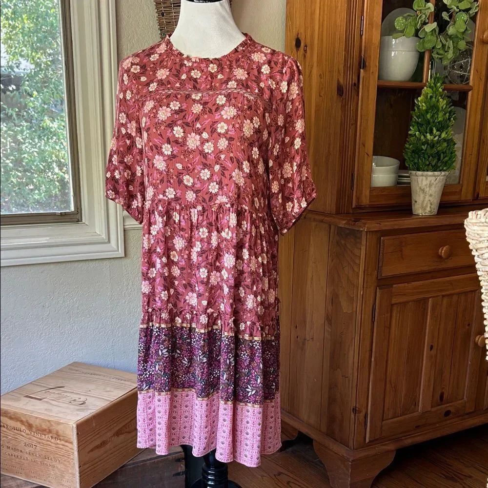 Knox Rose Pink and Brown Boho Festival Cottage Core Prairie Dress Size Medium